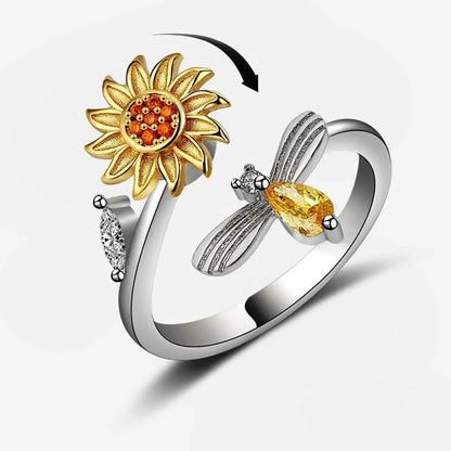 Sterling Silver Sunflower Spinner Ring – Adjustable Anxiety Relief & Stackable CZ Flower Band