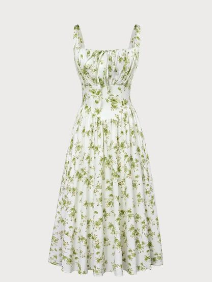 Women’s Floral Midi Corset Sundress – Summer Spring Vacation Milkmaid Style