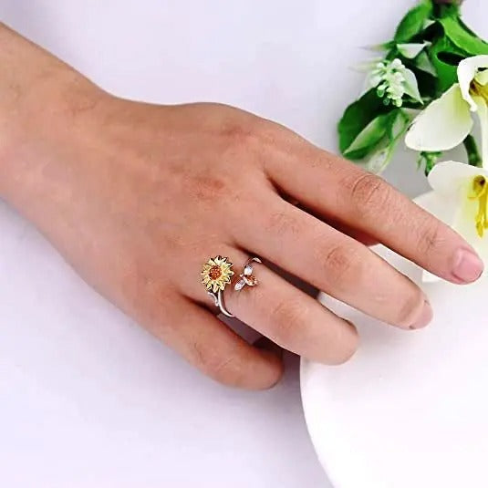 Sterling Silver Sunflower Spinner Ring – Adjustable Anxiety Relief & Stackable CZ Flower Band