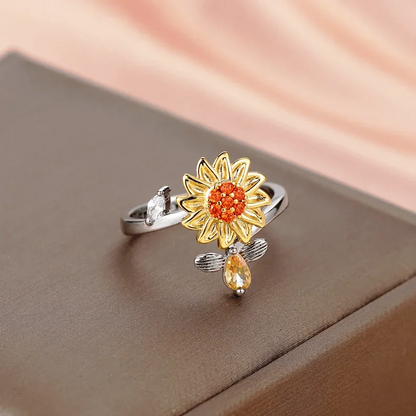 Sterling Silver Sunflower Spinner Ring – Adjustable Anxiety Relief & Stackable CZ Flower Band