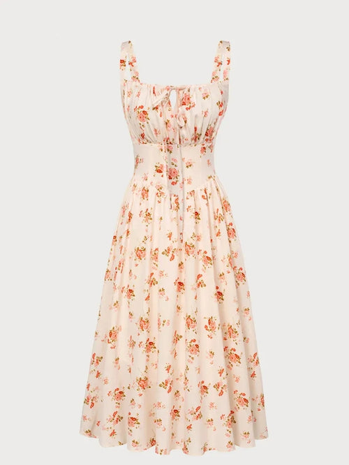 Women’s Floral Midi Corset Sundress – Summer Spring Vacation Milkmaid Style