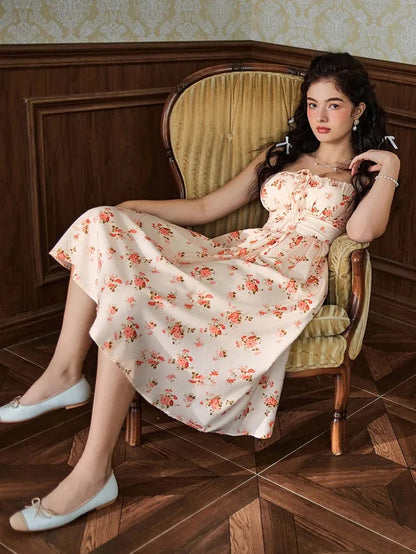 Women’s Floral Midi Corset Sundress – Summer Spring Vacation Milkmaid Style