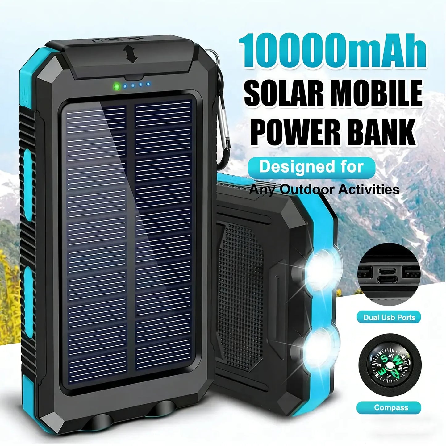 10000mAh Solar Power Bank with Flashlight & Dual USB Charging