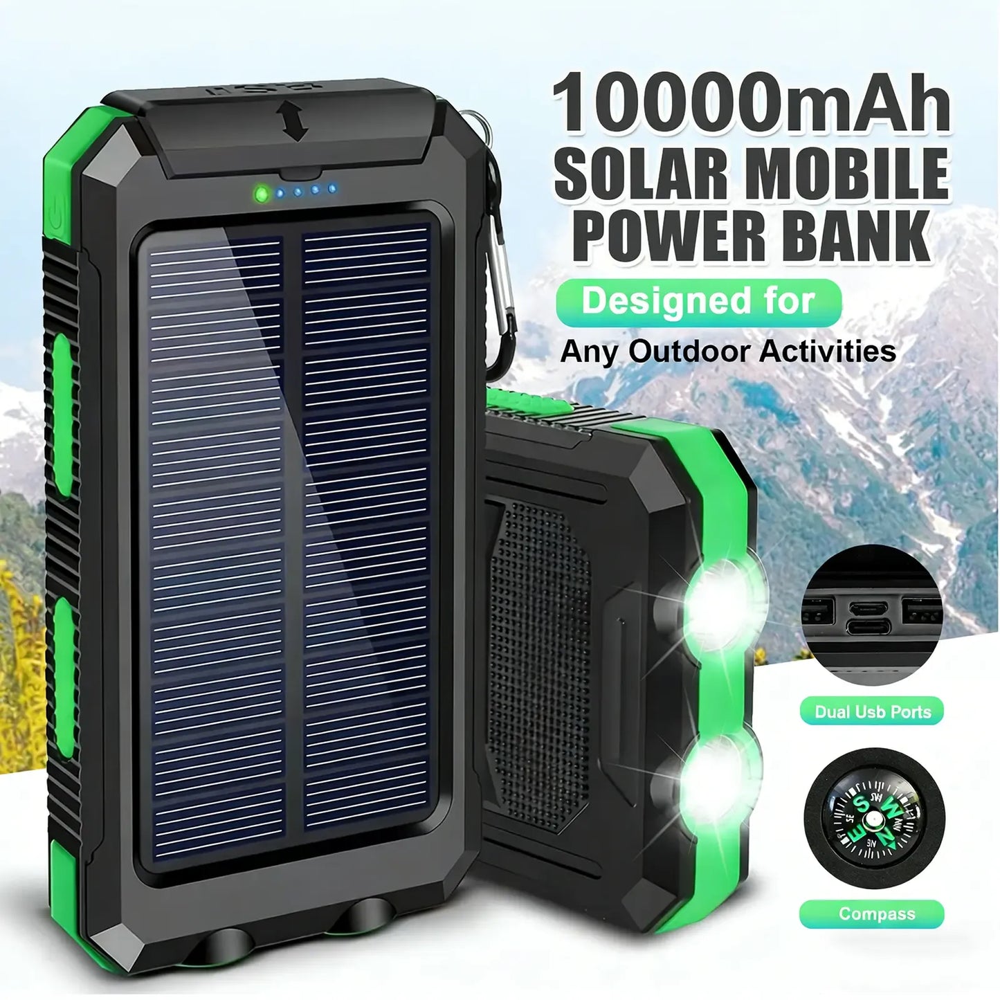10000mAh Solar Power Bank with Flashlight & Dual USB Charging
