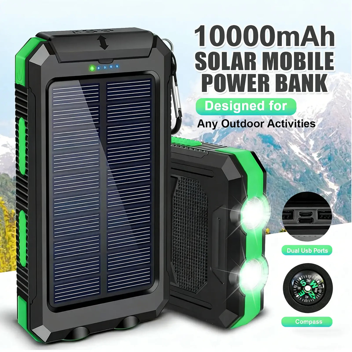 10000mAh Solar Power Bank with Flashlight & Dual USB Charging