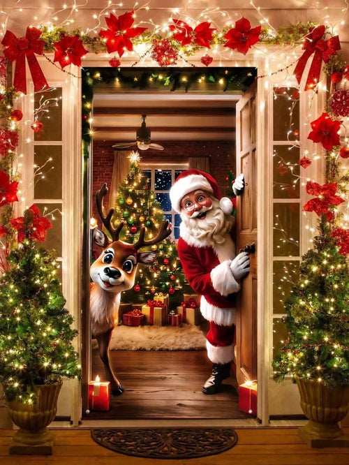 Santa & Reindeer Christmas Door Banner – Large Reusable Holiday Decor