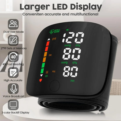 Rechargeable Wrist Blood Pressure Monitor – LED Display & Voice Broadcast