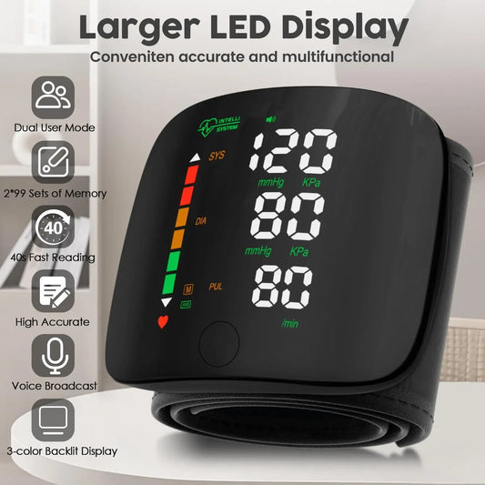 Rechargeable Wrist Blood Pressure Monitor – LED Display & Voice Broadcast
