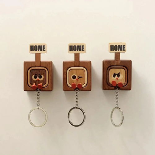 Handmade Wooden Magnetic Key Holder – 3 Cute Cartoon Wall Hooks & Charms