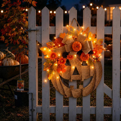 Rustic Burlap Pumpkin Wreath – Handcrafted Fall Door Décor, 2 Sizes