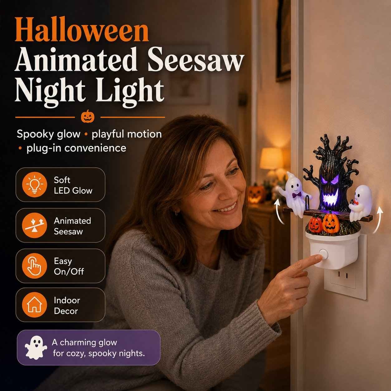Animated Seesaw Ghost LED Night Light – USB Plug-In, Cute Spooky Glow