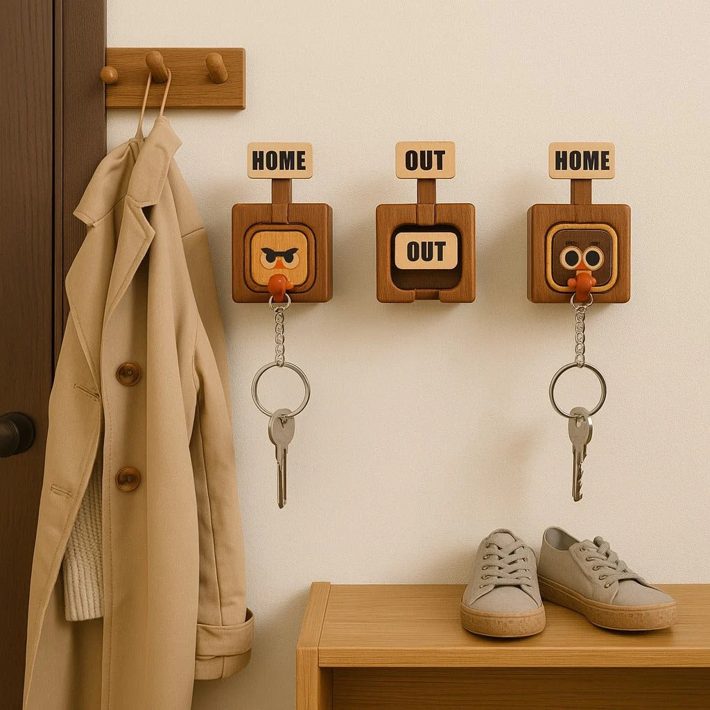 Handmade Wooden Magnetic Key Holder – 3 Cute Cartoon Wall Hooks & Charms