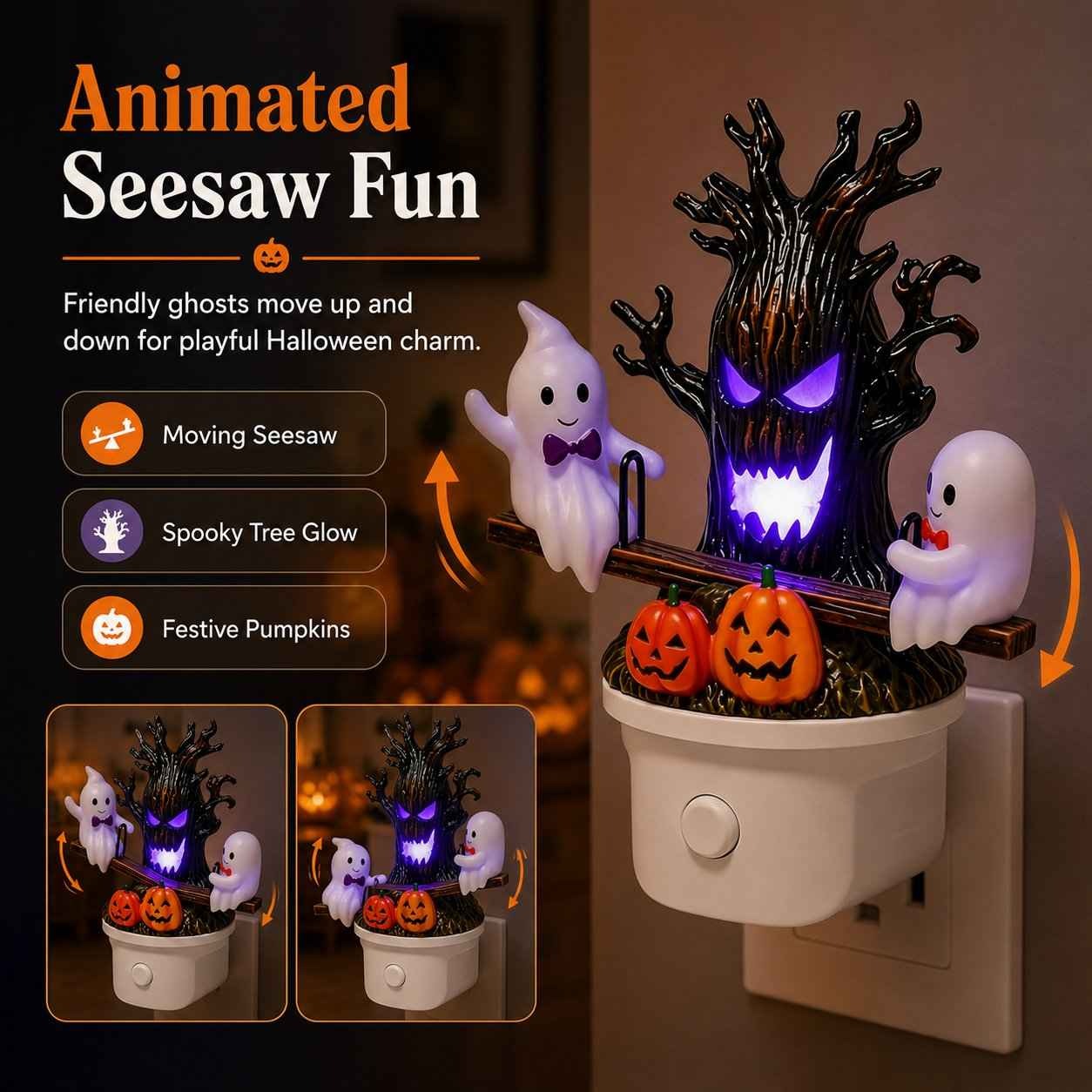 Animated Seesaw Ghost LED Night Light – USB Plug-In, Cute Spooky Glow