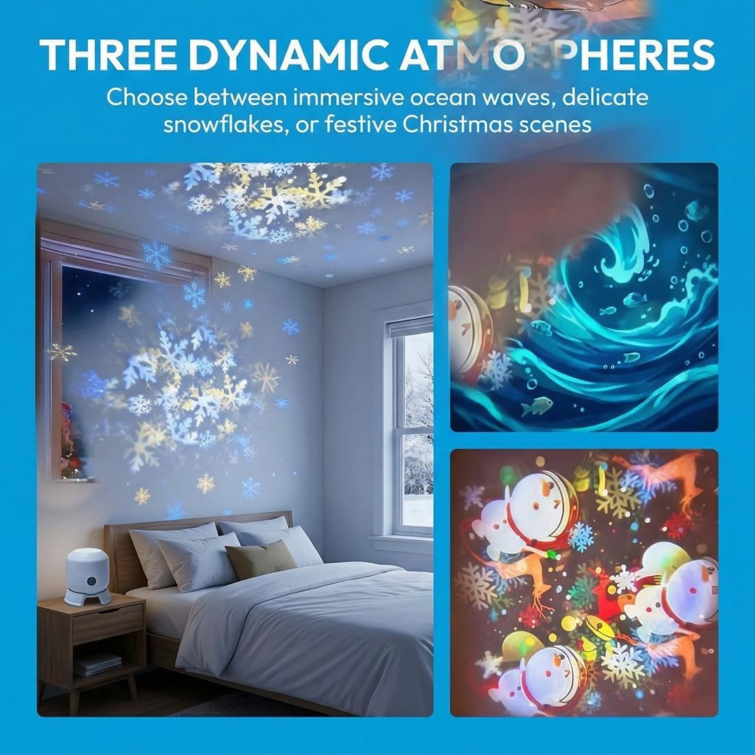 360° Rotating Ocean & Snowflake Projector – 4-Theme LED Aurora Light, USB Rechargeable
