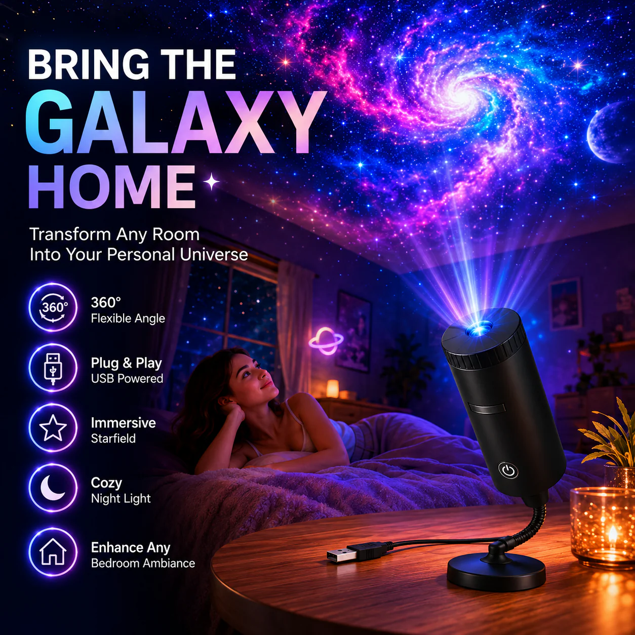 Projector displaying an immersive room scene