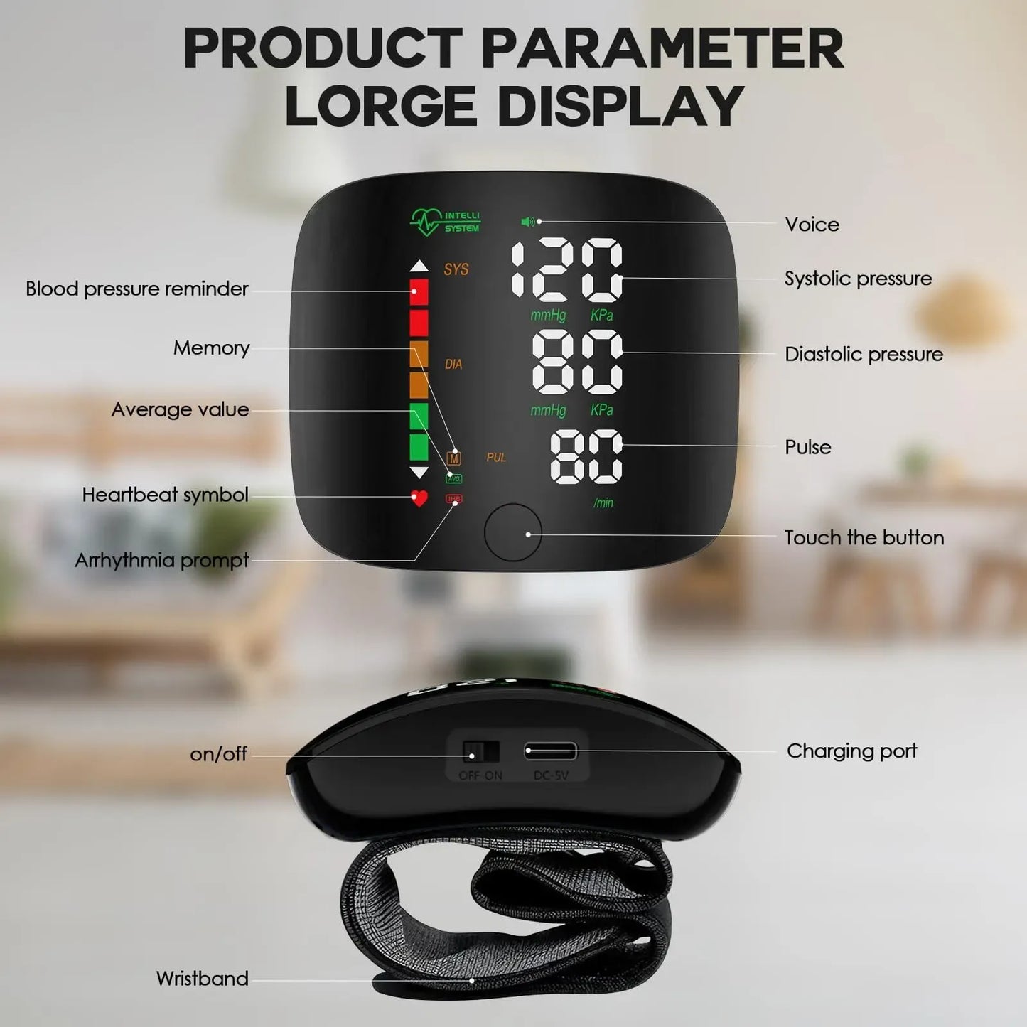 Rechargeable Wrist Blood Pressure Monitor – LED Display & Voice Broadcast