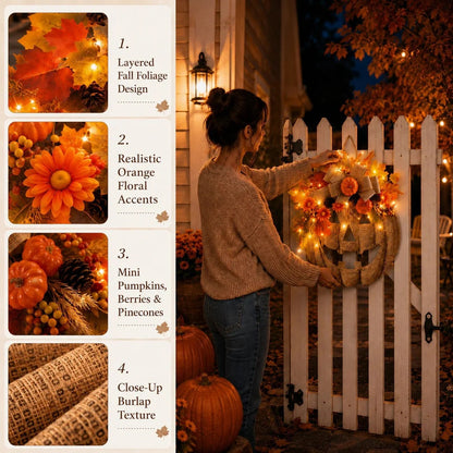 Rustic Burlap Pumpkin Wreath – Handcrafted Fall Door Décor, 2 Sizes