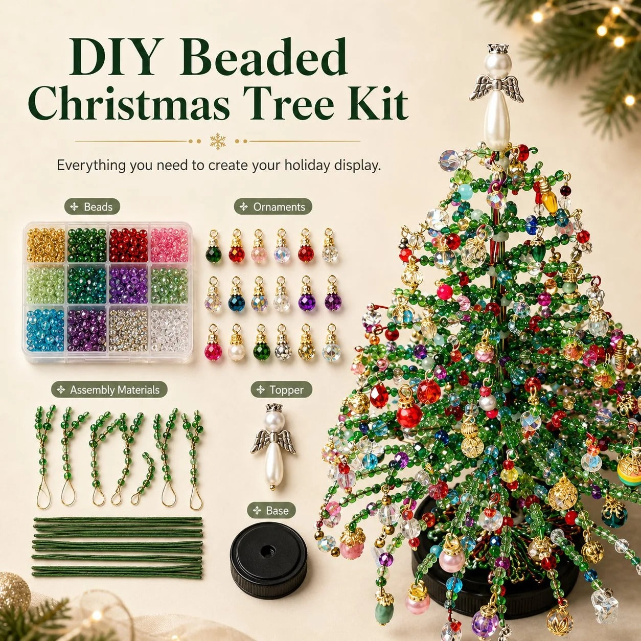DIY Beaded Christmas Tree Kit – Sparkling Holiday Decoration with Fairy Lights
