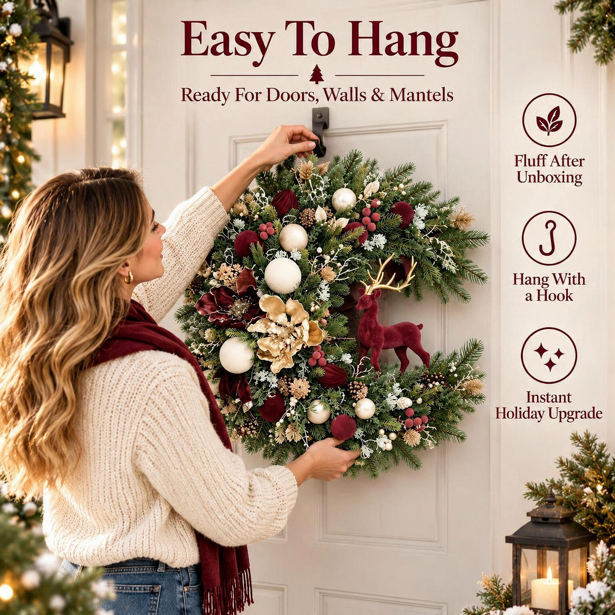 Hanging the Christmas wreath on a suitable door hook