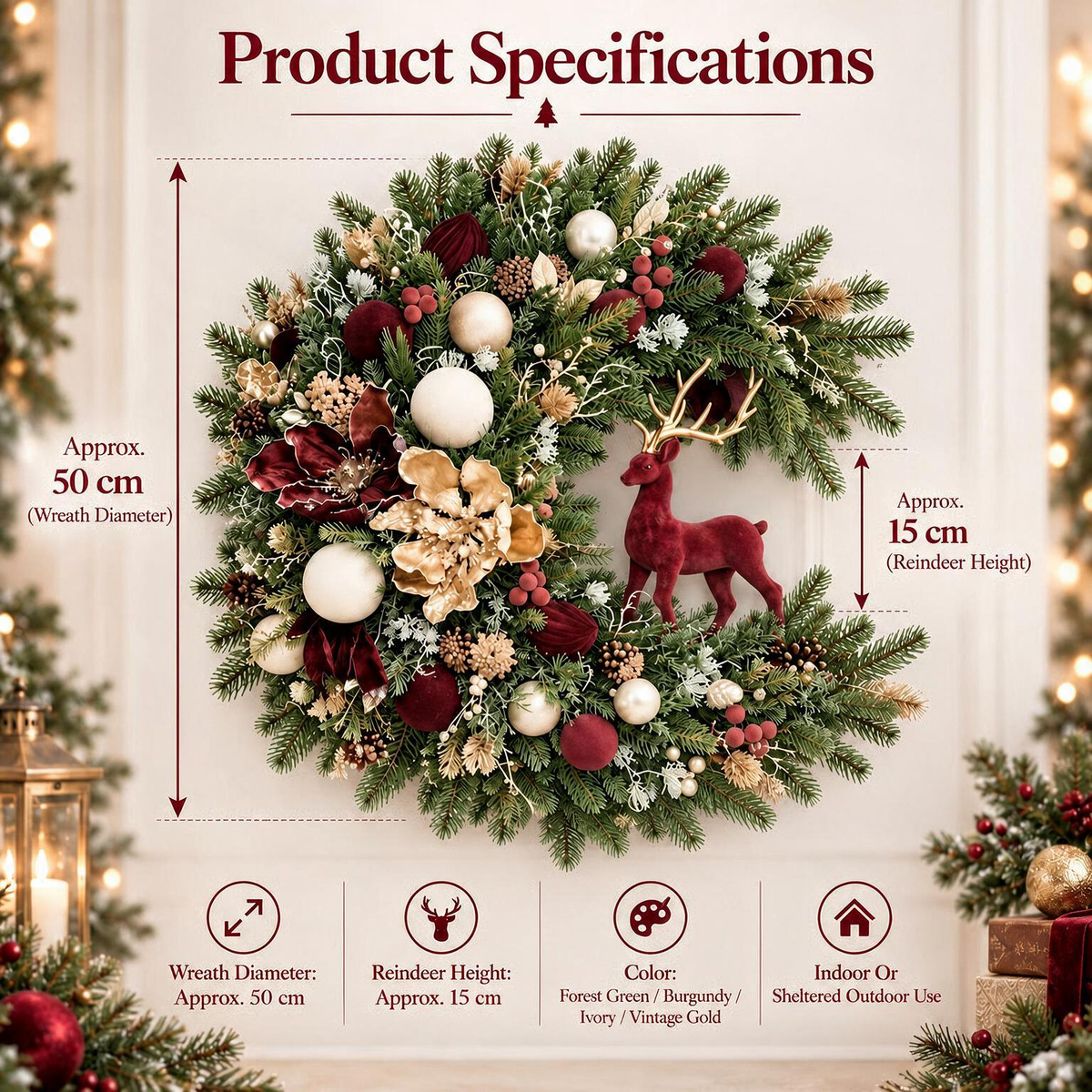 Christmas wreath measurement illustration showing approximately 50 cm diameter and 15 cm reindeer height