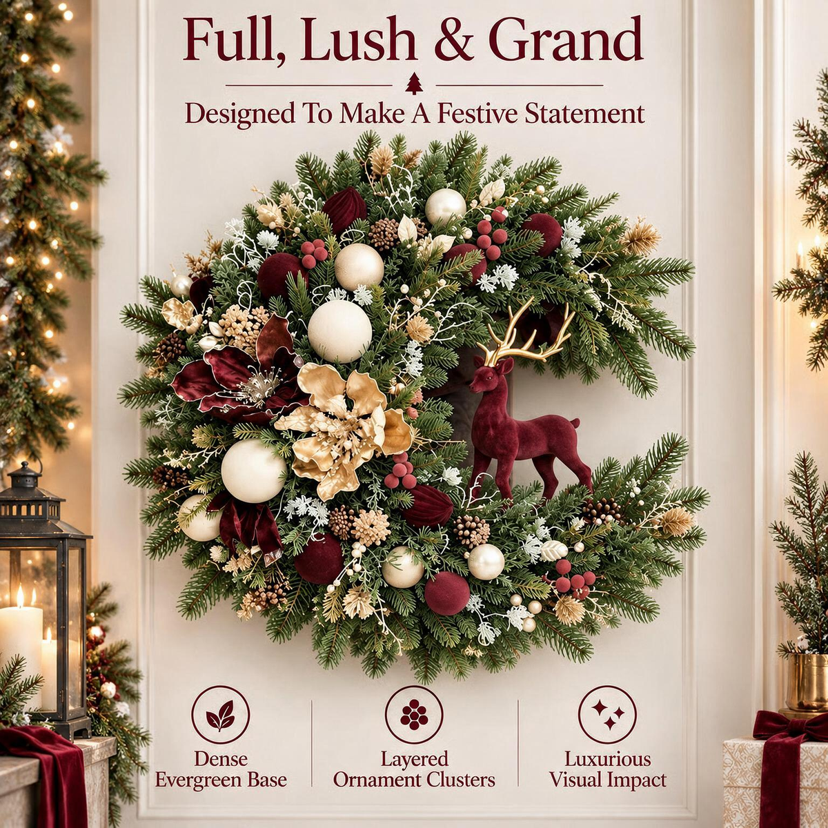 Vintage woodland Christmas wreath with burgundy flowers, gold-antlered reindeer, evergreen foliage and ornaments