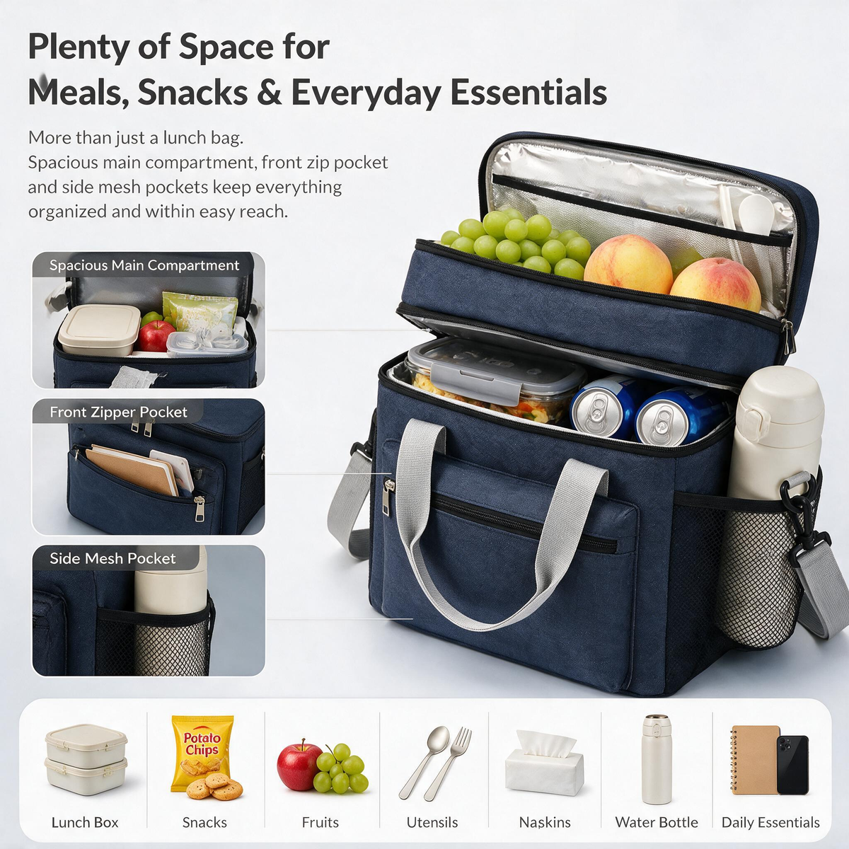 Insulated Lunch Cooler Bag with Leakproof Double-Decker Design
