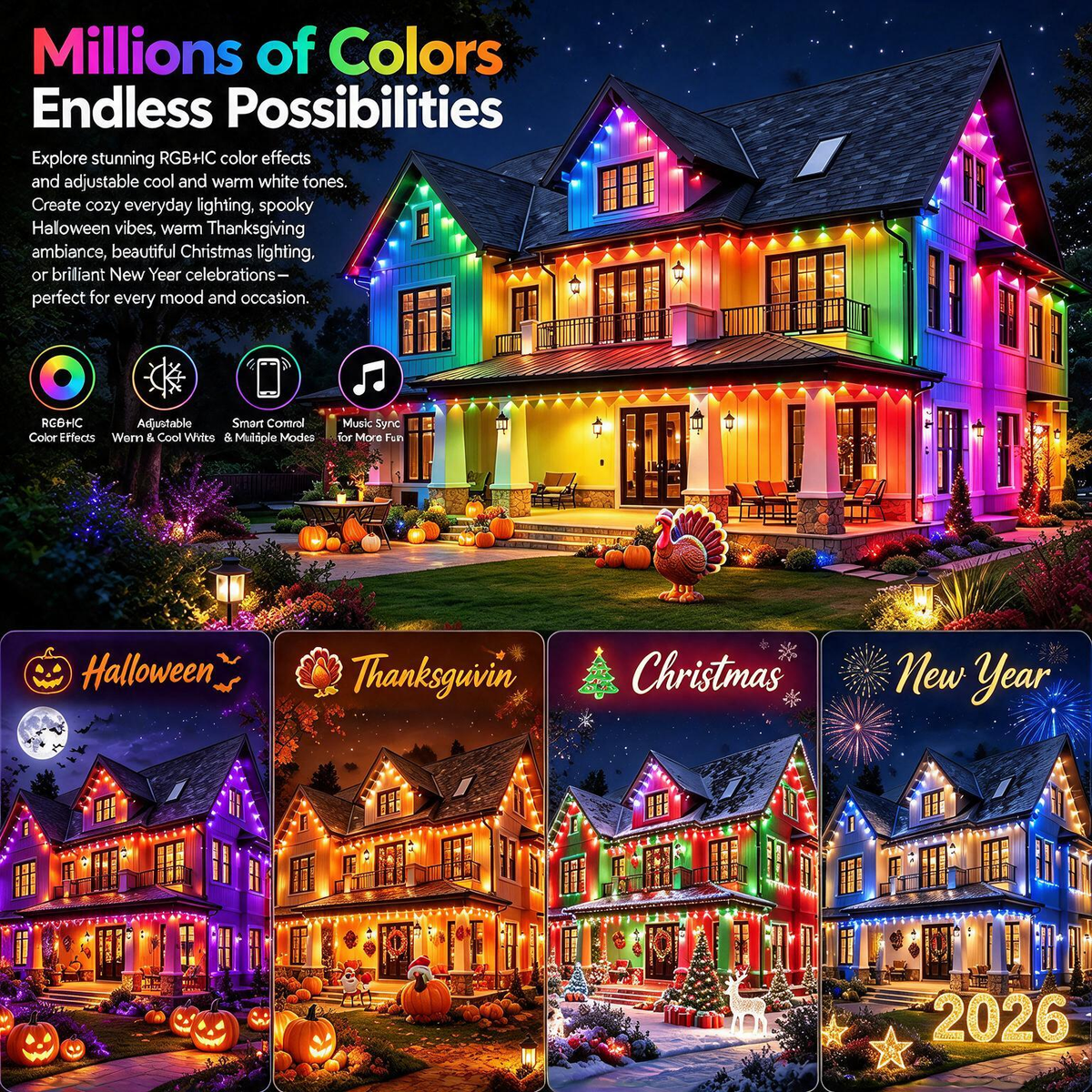 Smart Permanent Outdoor LED Lights with App Control & RGB Colors