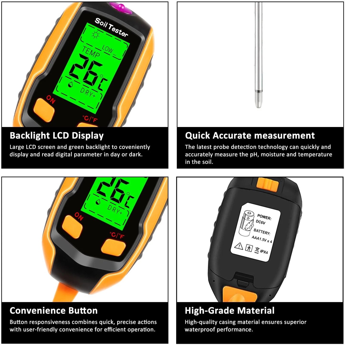 4 in 1 LCD Digital Soil pH Meter Tester for Garden Use