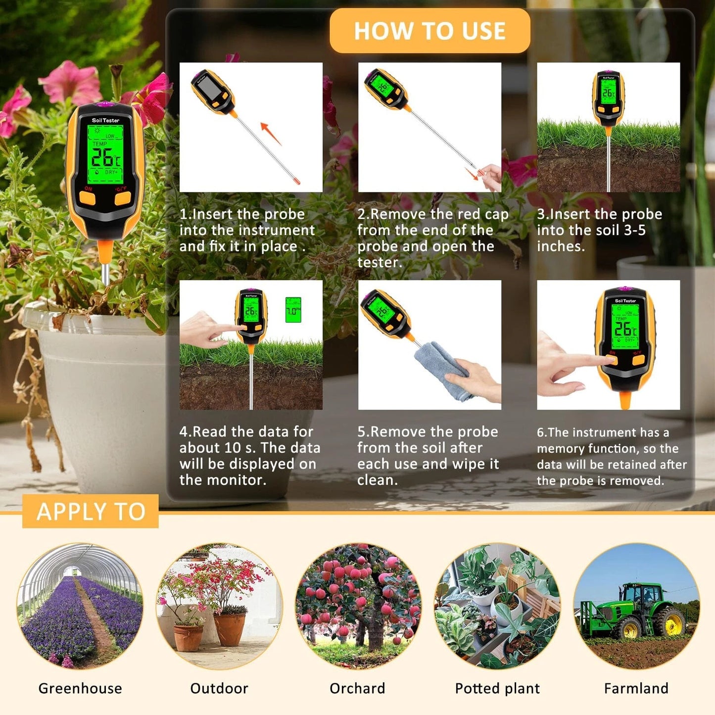 4 in 1 LCD Digital Soil pH Meter Tester for Garden Use