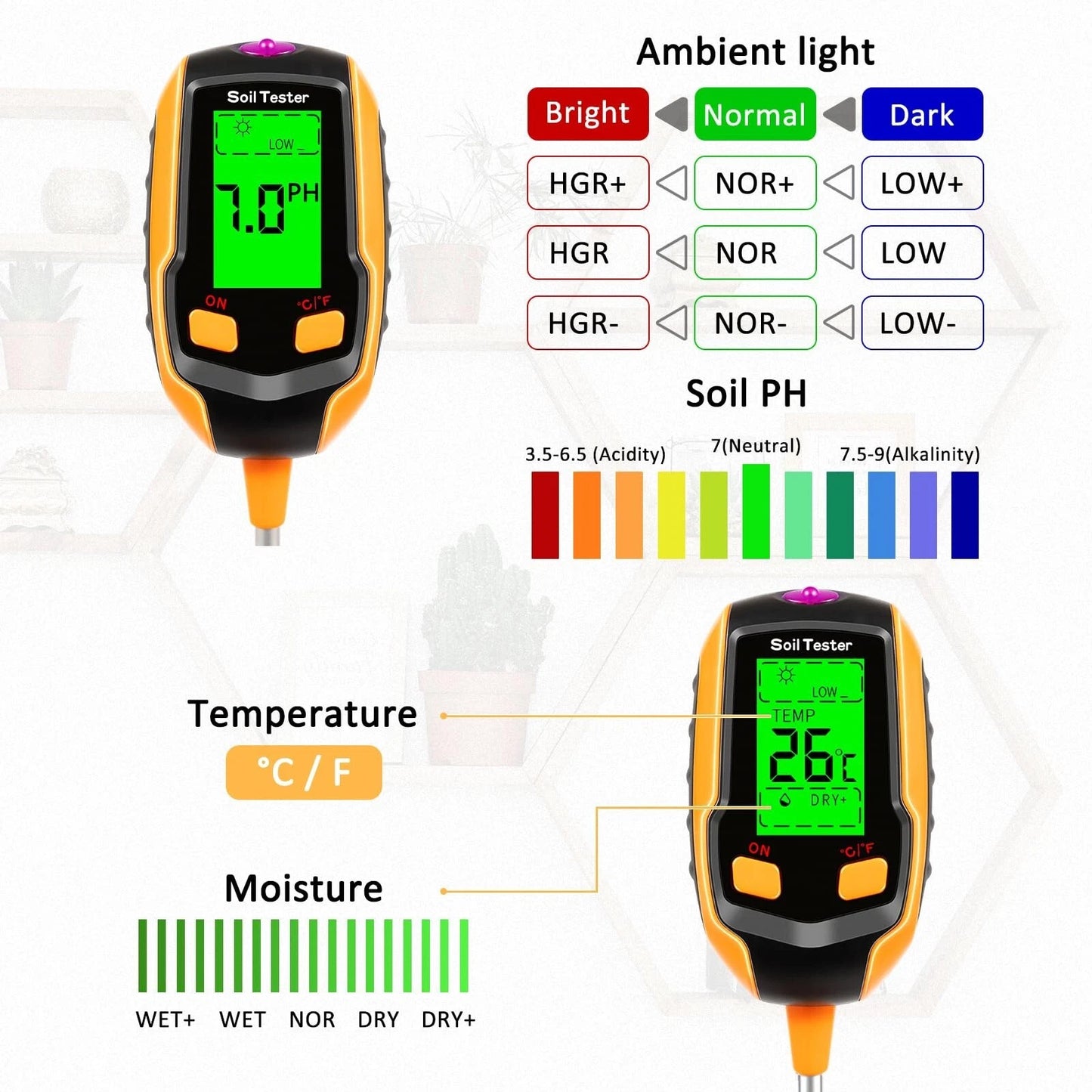 4 in 1 LCD Digital Soil pH Meter Tester for Garden Use