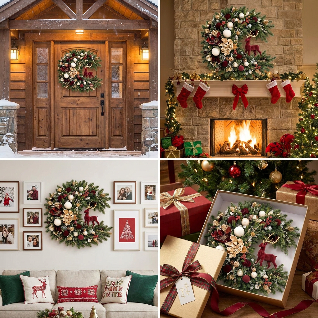 Christmas wreath styling ideas for an entryway, mantel, indoor wall and holiday gift
