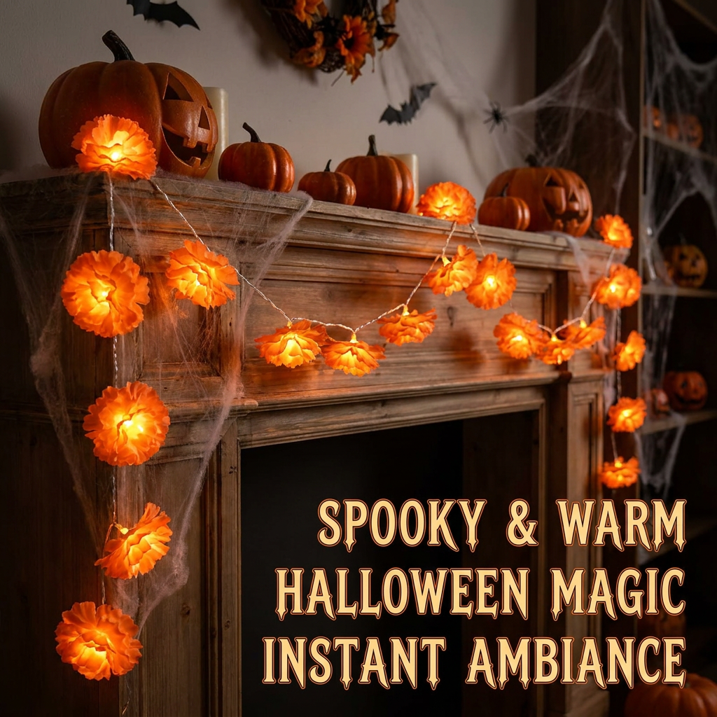 Halloween Marigold LED Garland Lights – 20/40 LEDs, Remote & Steady-On Options
