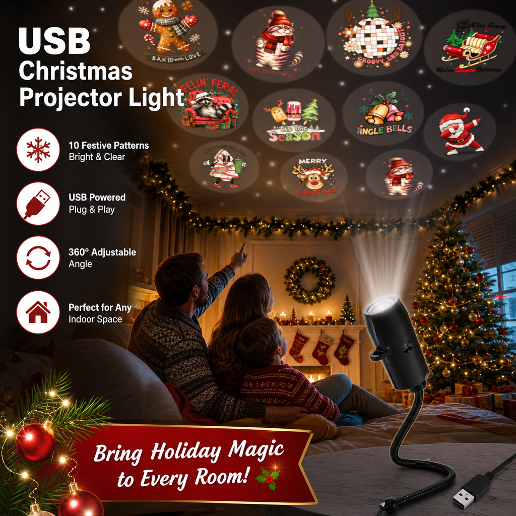 Plug-&-Play HD Christmas Projector – 6 or 10 Festive Scenes