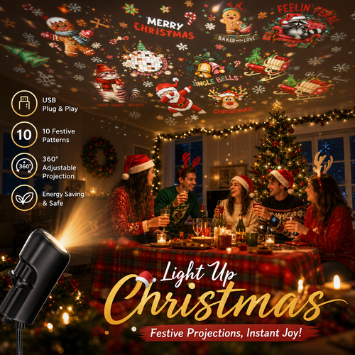 Plug-&-Play HD Christmas Projector – 6 or 10 Festive Scenes