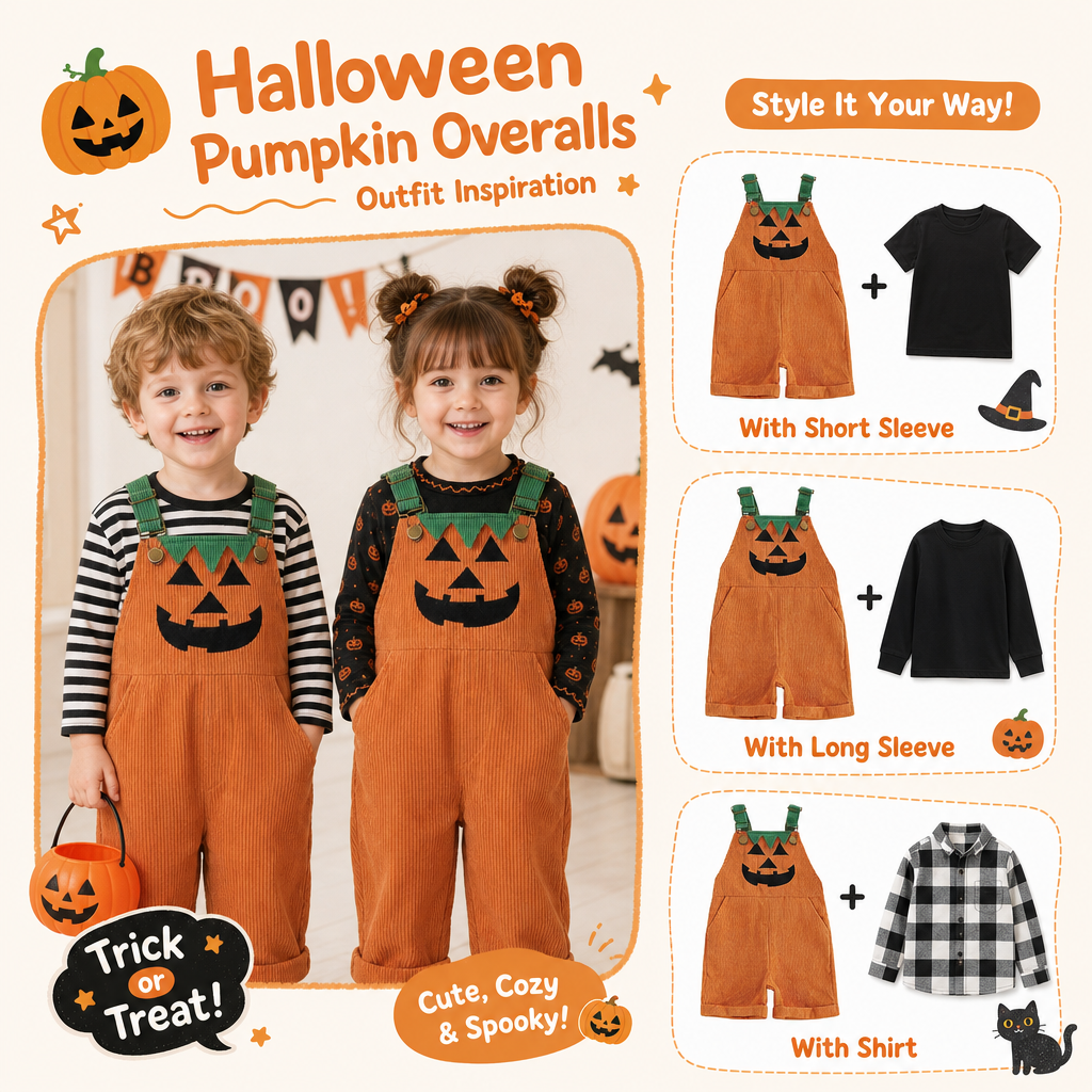 Toddler Halloween Corduroy Overalls – Pumpkin & Devil Print, Sleeveless Romper
